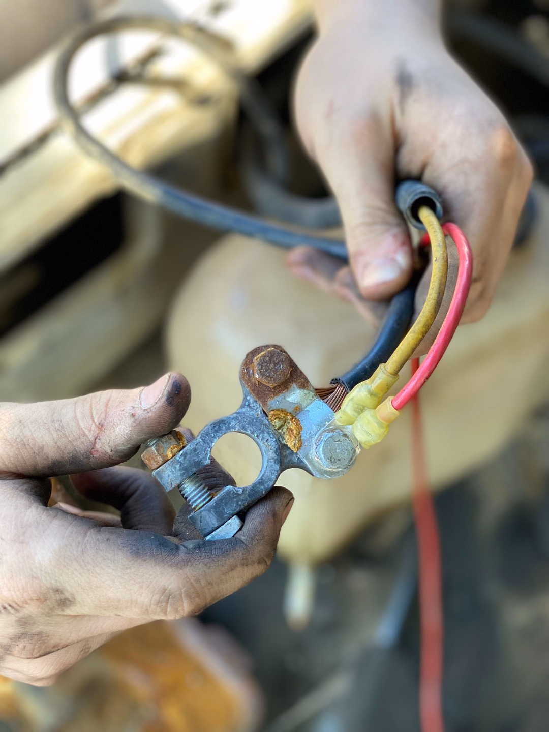 Two hands holding a battery terminal clamp crusted with blue and white corrosion, red and yellow wires running from it