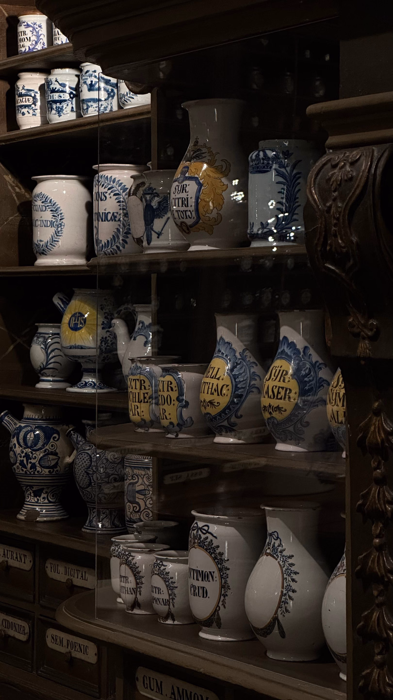Rows of blue and white tin-glazed drug jars in a dark wooden pharmacy cabinet, some with spouts and handles, labelled in Latin such as SYR. CITRI