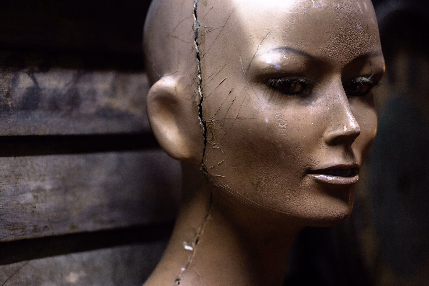 Close-up of a cracked, grimy mannequin head with painted eyelashes against weathered wood planks