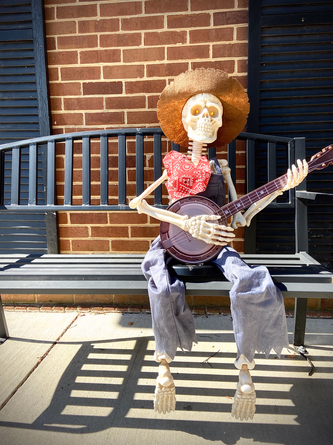A skeleton in a wide straw hat, red bandana shirt and baggy blue pants sitting on a dark green bench against a brick wall, strumming a banjo
