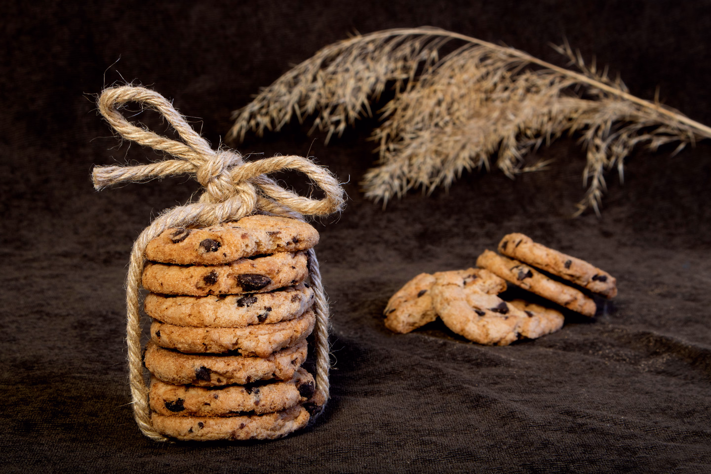 A stack of seven chocolate chip cookies tied with thick jute twine in a bow, on dark velvet beside a few loose cookies and a sprig of dried grass