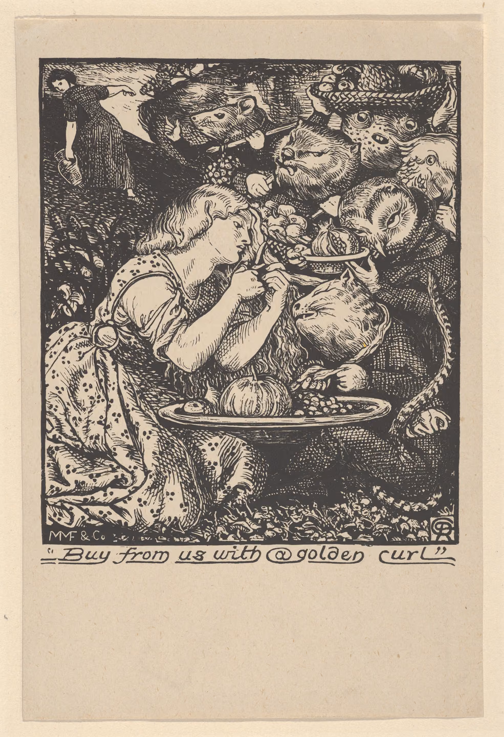 Black and white wood engraving: a girl with long fair hair kneels on the ground, cutting a lock of it, while a crowd of creatures with the heads of a cat, an owl, a rat and other animals press around her holding out plates and baskets of fruit. A second girl climbs a hill in the background carrying a jug. Hand lettering underneath reads Buy from us with a golden curl