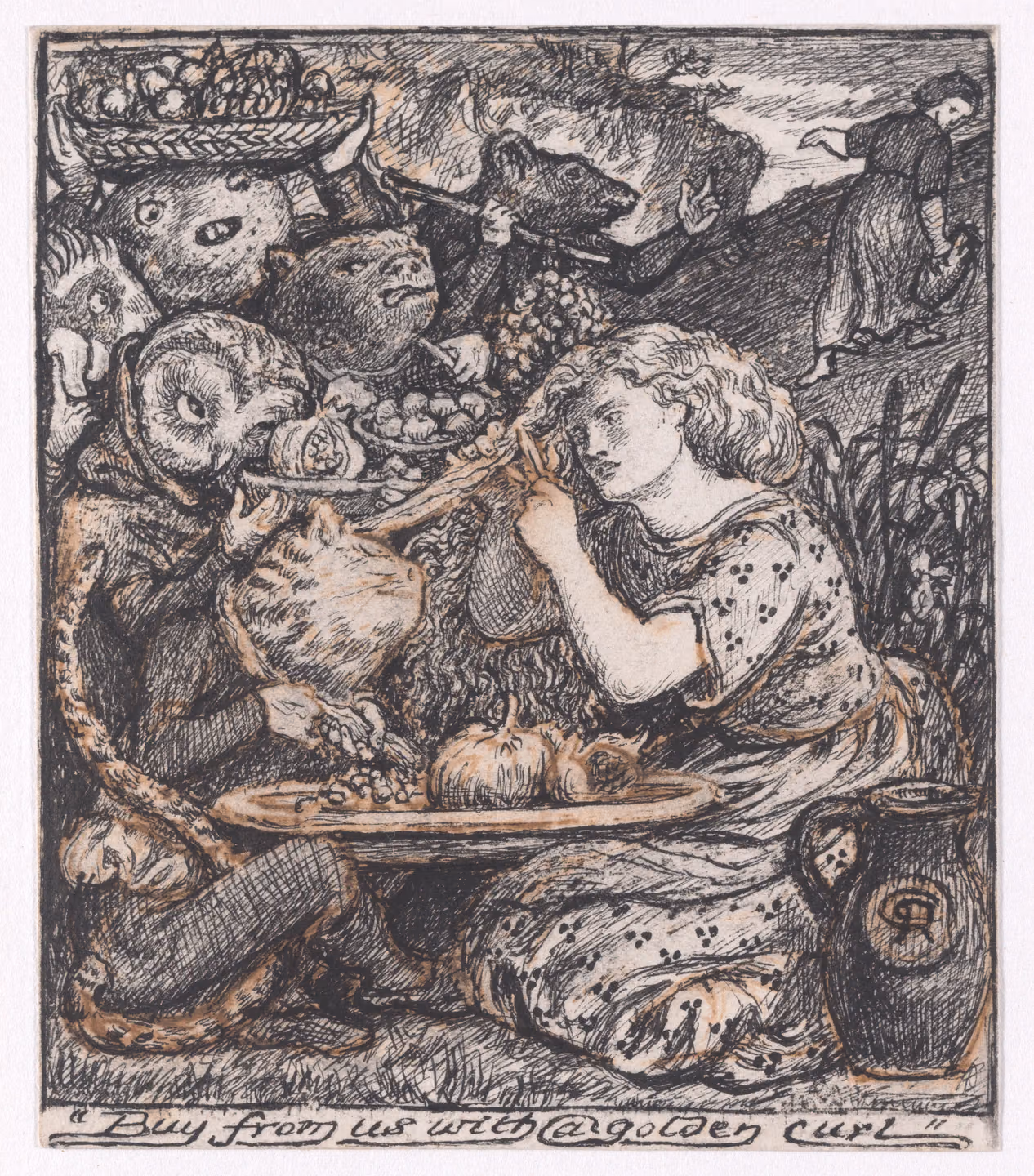 Pen and ink drawing, touched with brown: a kneeling girl draws a lock of her long hair out to cut it while goblins with the heads of an owl, a cat, a rat and other animals crowd in with a basket and plates of fruit, a large jug stands at her side, and a second girl walks away up a hill behind