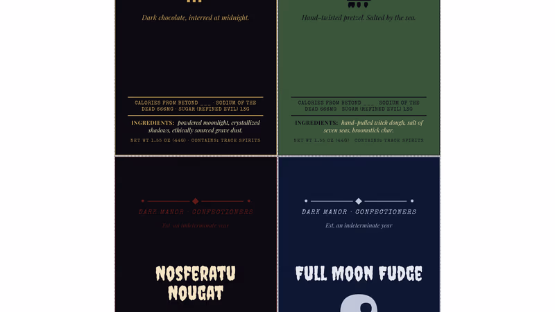 Eight Halloween candy bar labels with gothic typography and dark illustrations