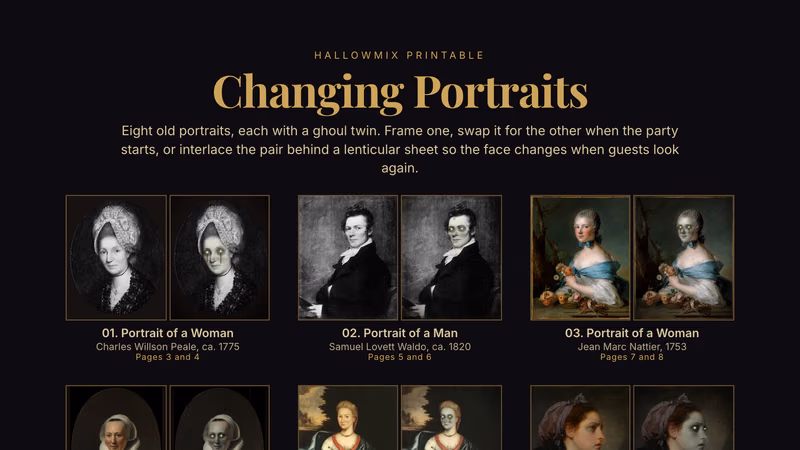 Contents page of the Changing Portraits printable: eight pairs of old portraits, each shown beside its ghoul version with grey-green skin and glowing eyes