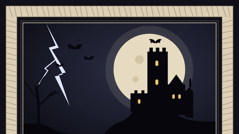 Night-blue 5x7 invitation inside a cream bandage-wrap border, with a panel of a castle watchtower on a crag in front of a full moon, forked lightning and bats, the title Monster Movie Night, a Bram Stoker quotation, and ruled lines for host, date, doors, feature, place and RSVP