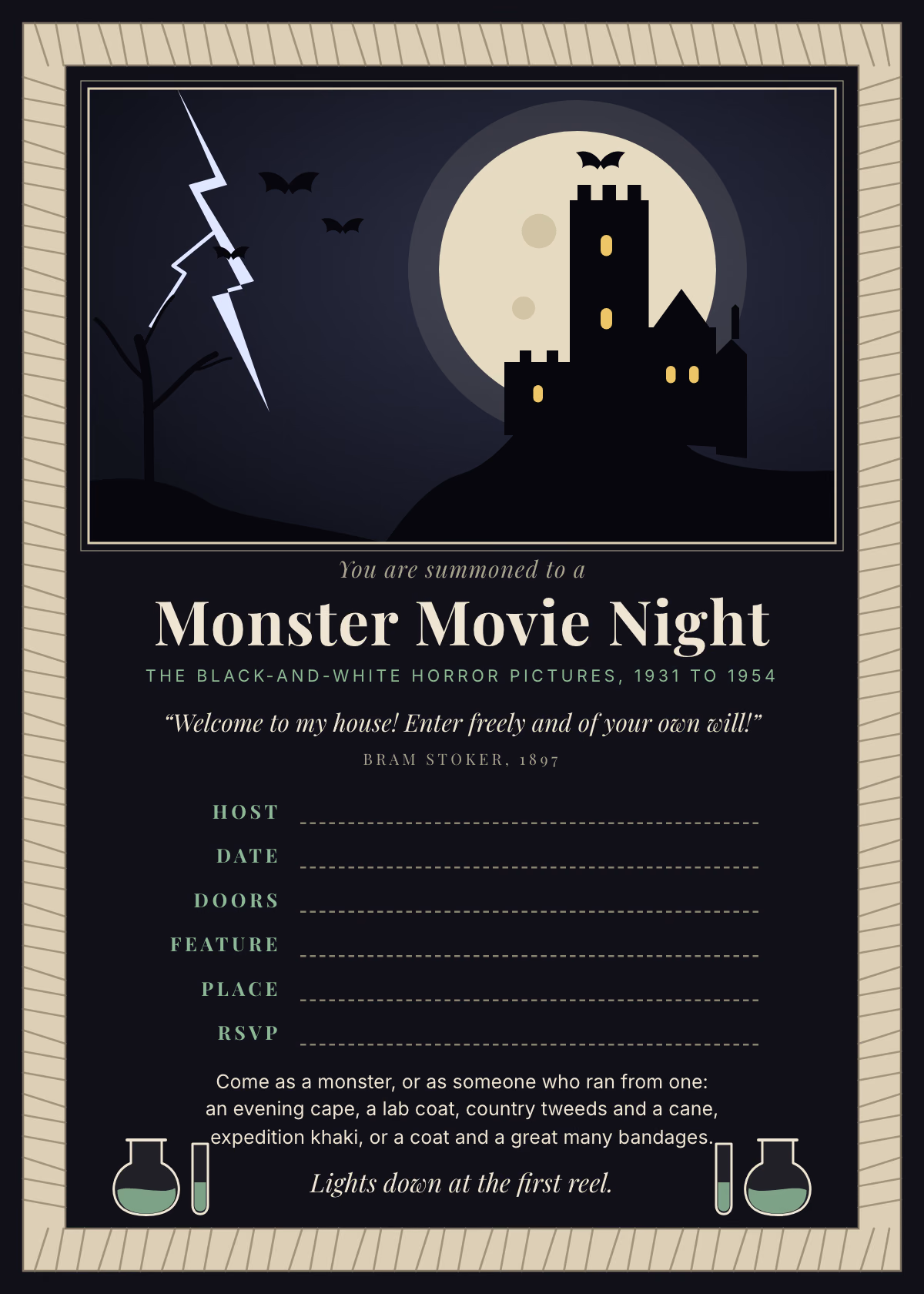 Night-blue 5x7 invitation inside a cream bandage-wrap border, with a panel of a castle watchtower on a crag in front of a full moon, forked lightning and bats, the title Monster Movie Night, a Bram Stoker quotation, and ruled lines for host, date, doors, feature, place and RSVP