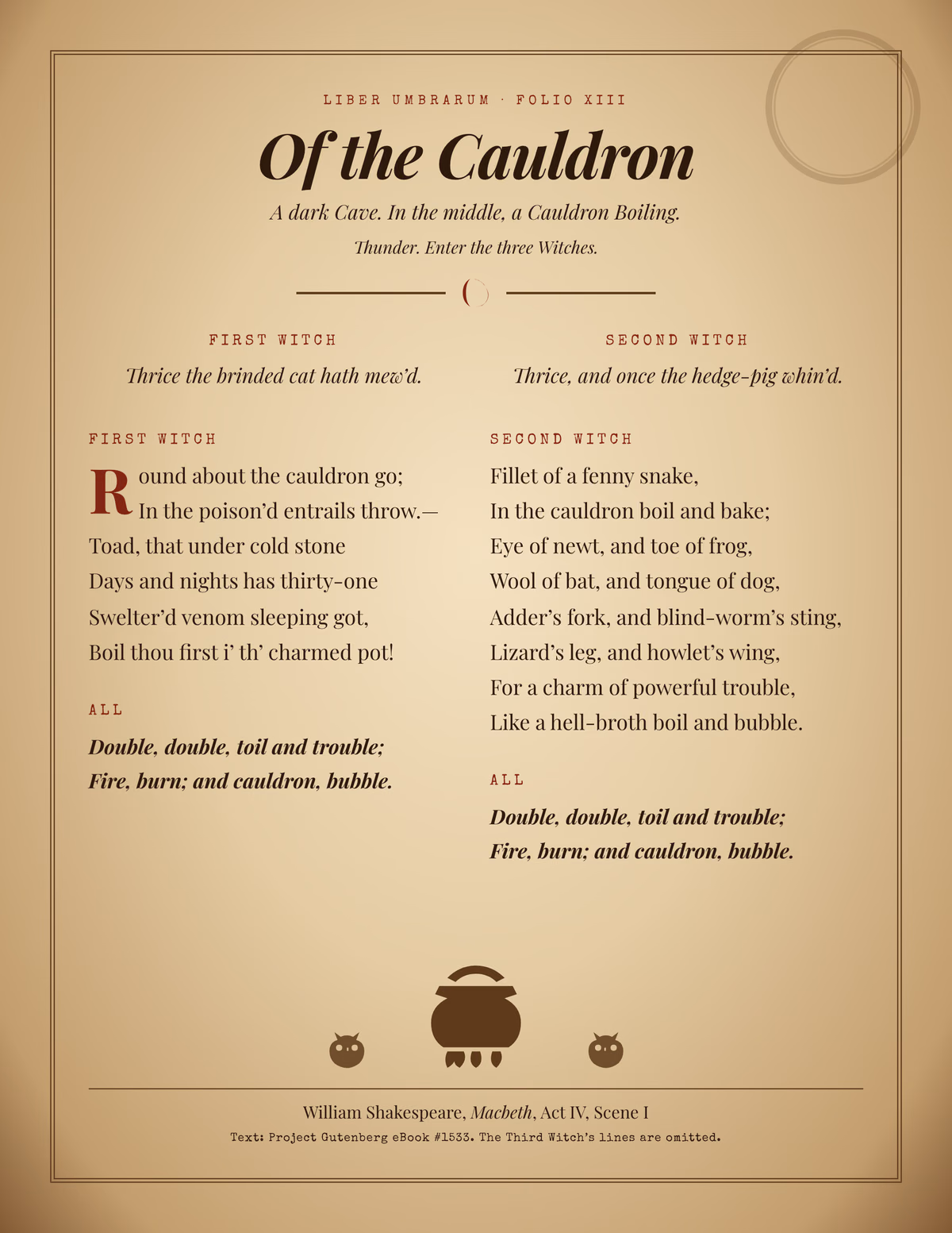 An aged parchment page titled Of the Cauldron with the Macbeth witches' chant in two columns, red speaker names and a cauldron emblem at the foot