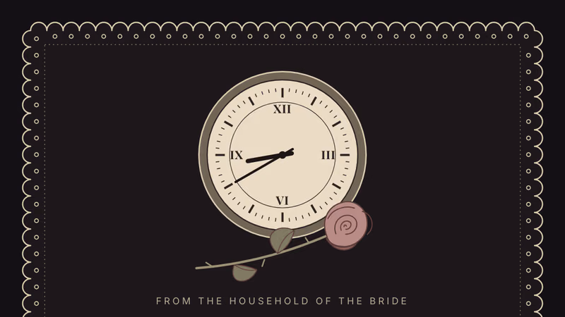 Dark 5x7 invitation with a scalloped lace edge, a cream clock face at the top with its hands stopped at 8:40, a faded rose laid across the foot of the clock, the title The Dead Wedding, a short paragraph about the clocks being stopped, ruled lines for the day, arrival, address, dress and regrets, and a quotation at the bottom
