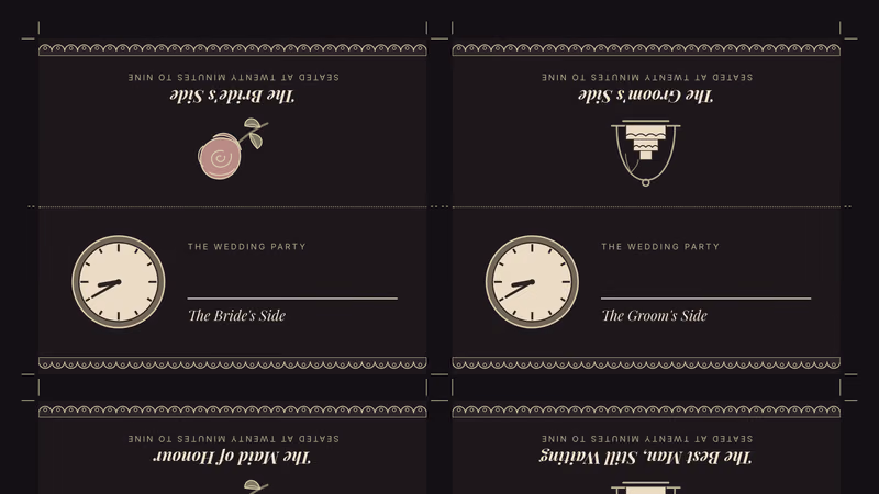 Dark letter sheet of six tent place cards with dotted fold lines and crop marks. Each front half has a small cream clock with its hands at 8:40, a name line and a role such as The Bride's Side; each upside-down back half has a faded rose or a cake under a glass dome and the line Seated at twenty minutes to nine, with a scalloped lace strip along the card edges