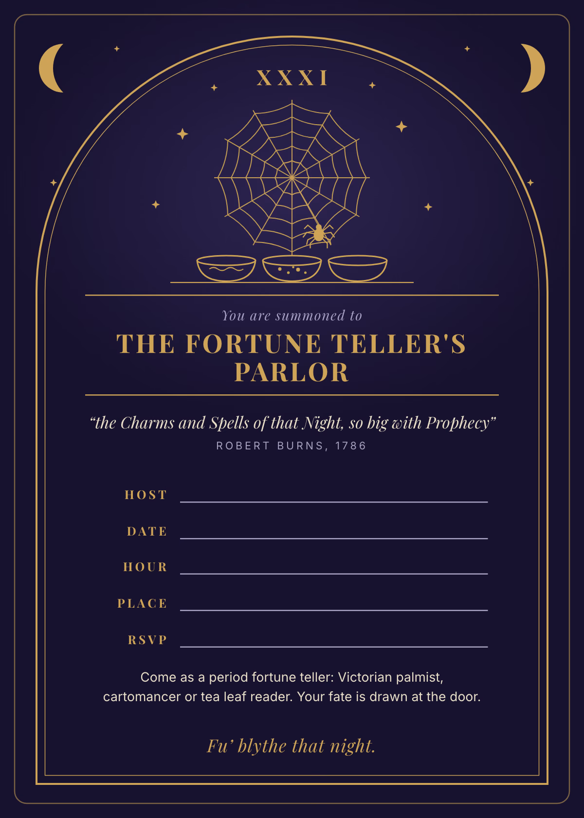 Midnight blue 5x7 invitation shaped like a tarot card, with a gold arched frame, the numeral XXXI, a spider web above three bowls, and ruled lines for host, date, hour, place and RSVP