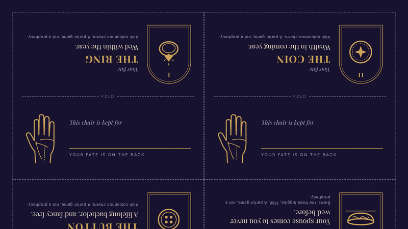 Letter sheet of six midnight blue tent place cards, each with a gold palm chart and a blank name line, and an upside down fate panel above the fold showing a ring, coin, button or bowl in an arched window