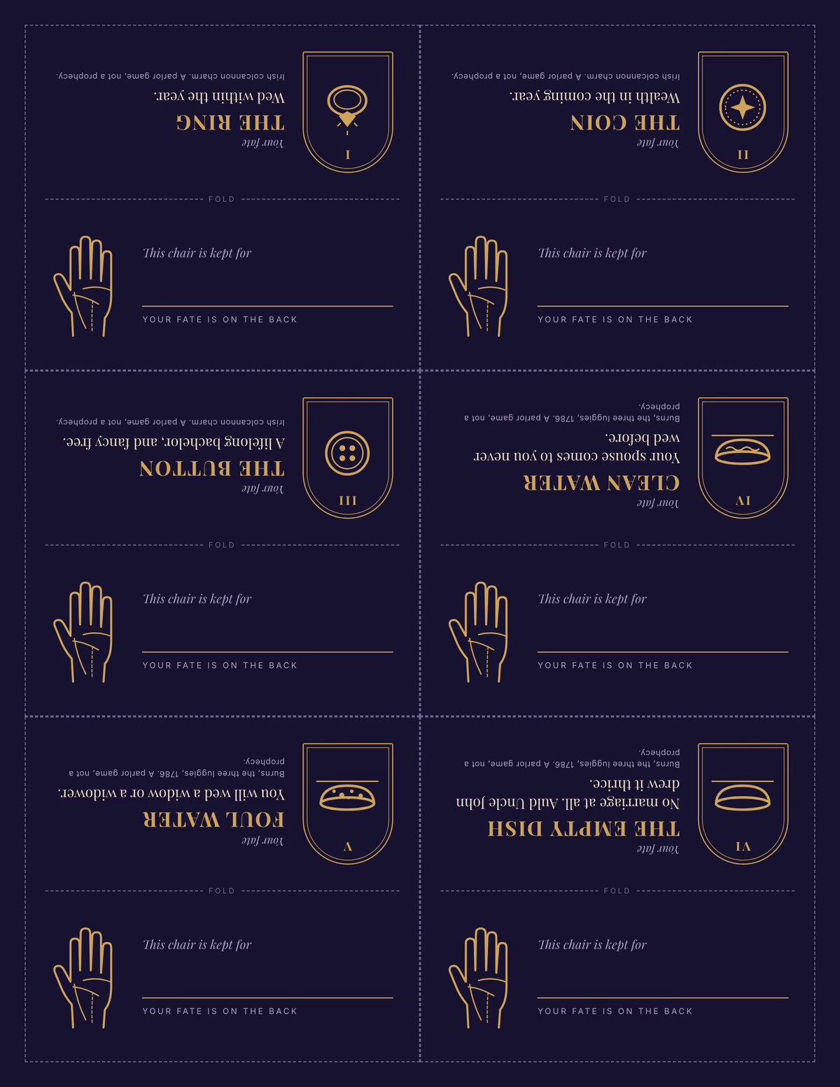 Letter sheet of six midnight blue tent place cards, each with a gold palm chart and a blank name line, and an upside down fate panel above the fold showing a ring, coin, button or bowl in an arched window