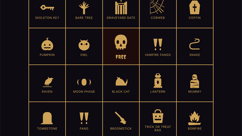 Stack of Halloween bingo cards with illustrated spooky items in each square