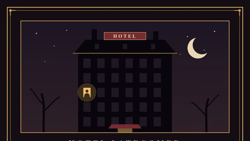 Dark 5x7 invitation in a double brass rule, with a night scene of a tall hotel front under a crescent moon where only one window is lit, the words Hotel Latecomer and Reservation Confirmed, ruled lines for guest, arrival, check-in, address, room number, departure and RSVP, a quotation from M. R. James, and a small desk bell between two keys