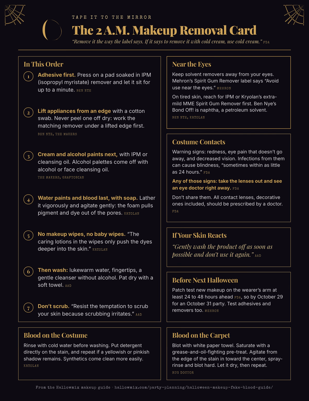 One-page makeup removal card in gold on black with a crescent moon header, seven numbered removal steps, boxes for eye safety, costume contacts, skin reactions and patch testing, and fake blood stain steps for clothes and carpet