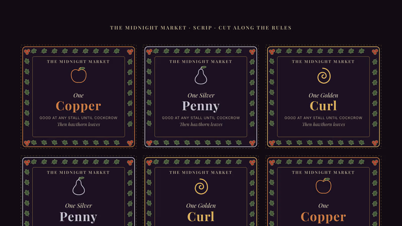 Dark letter sheet of twelve square notes in three columns, each framed with a border of small green hawthorn leaves and red berries in the corners, reading The Midnight Market over a small drawing and a name: an apple over One Copper, a pear over One Silver Penny, or a spiral curl over One Golden Curl, with the lines Good at any stall until cockcrow and Then hawthorn leaves