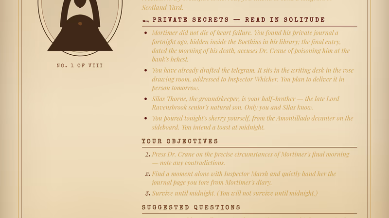 Spread of gothic murder mystery character sheets with vintage portrait illustrations