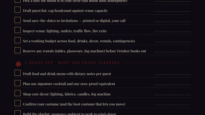 Printed Halloween party planning checklist with checkboxes and timeline sections