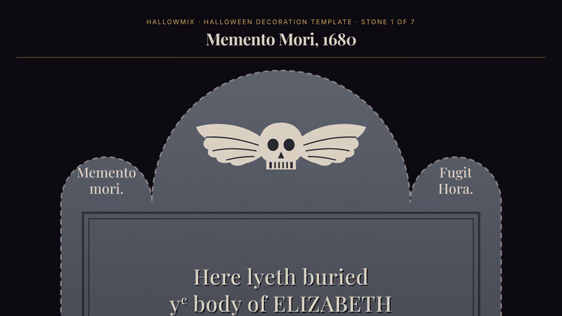 Printable Halloween tombstone template of a three-lobed slate stone with a winged skull, lettered Here lyeth buried ye body of Elizabeth Belcher, 1680