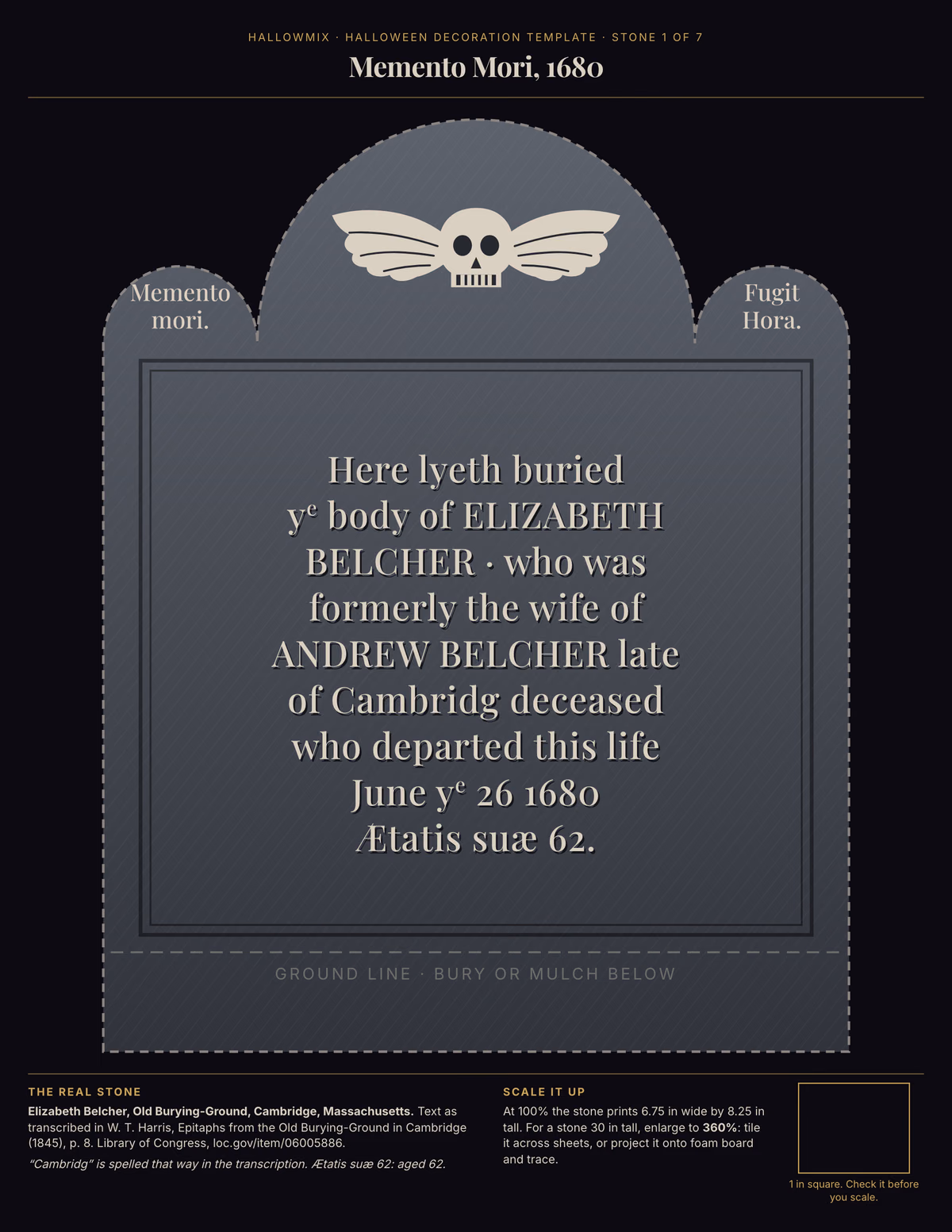 Printable Halloween tombstone template of a three-lobed slate stone with a winged skull, lettered Here lyeth buried ye body of Elizabeth Belcher, 1680