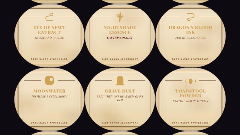 Sheet of 12 vintage apothecary-style potion bottle labels with ornate borders