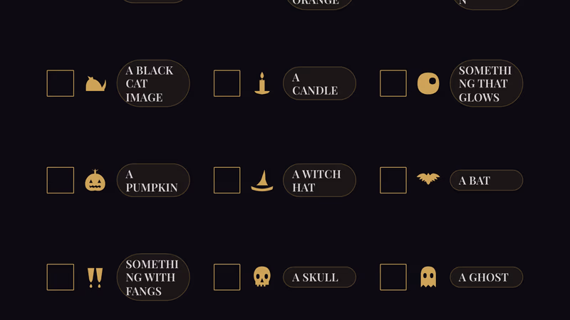 Printed Halloween scavenger hunt sheet with checkboxes and spooky item illustrations