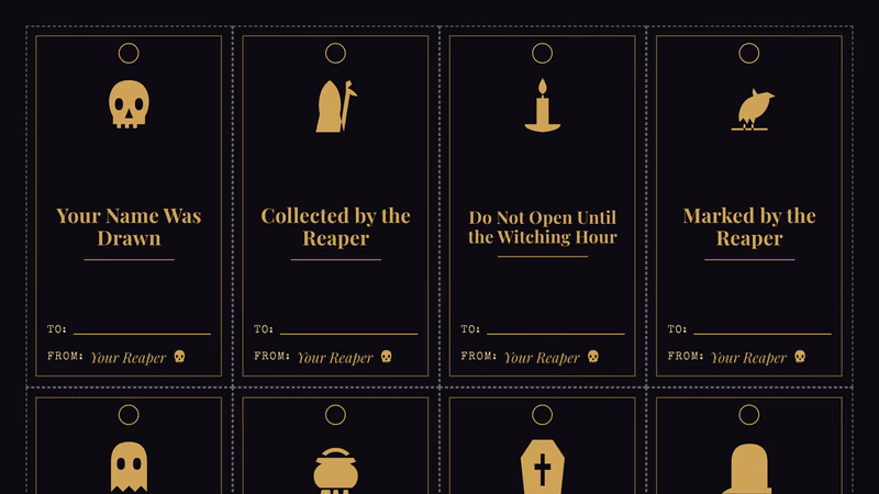 Sheet of 12 tall black and gold gift tags, each with a punch ring, an icon such as a skull, raven or grim reaper, a message like Your Name Was Drawn, a To line and a From: Your Reaper line