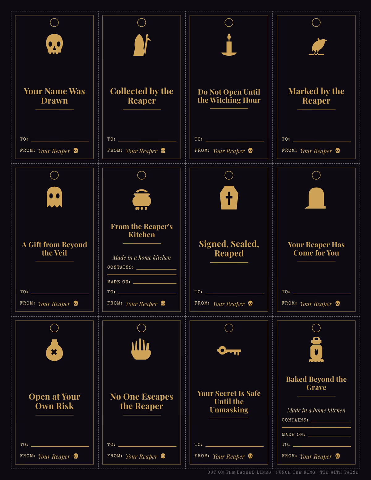 Sheet of 12 tall black and gold gift tags, each with a punch ring, an icon such as a skull, raven or grim reaper, a message like Your Name Was Drawn, a To line and a From: Your Reaper line