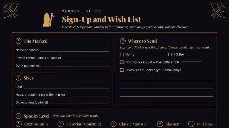 One-page Secret Reaper sign-up form in gold on black with a grim reaper header and numbered boxes for name, spooky level, where to send, loves, hard no's, sizes, allergies, household and an organizer-only section