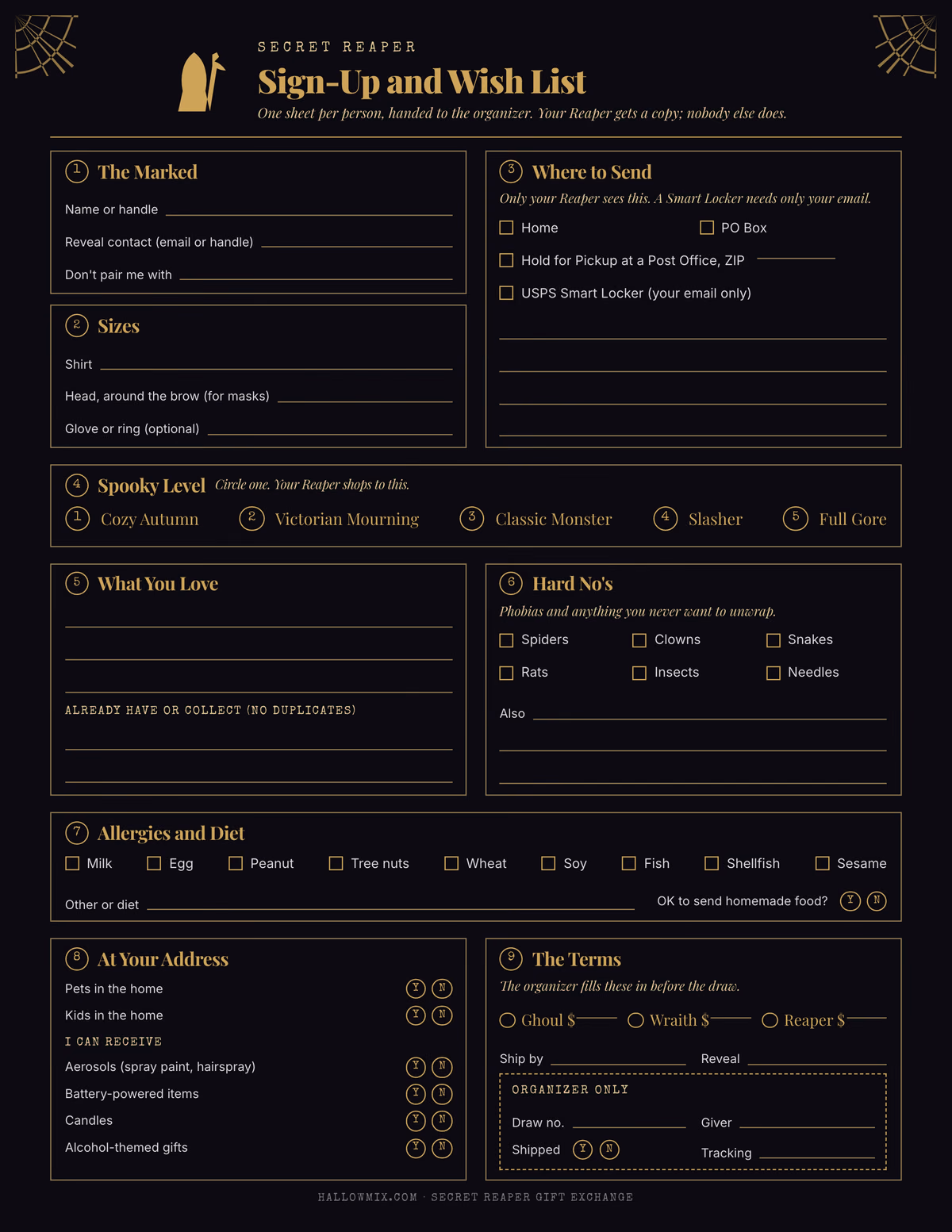 One-page Secret Reaper sign-up form in gold on black with a grim reaper header and numbered boxes for name, spooky level, where to send, loves, hard no's, sizes, allergies, household and an organizer-only section