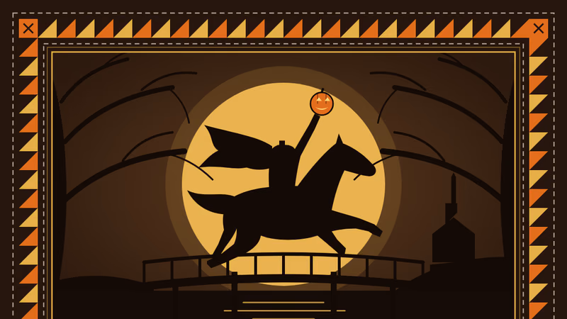 Walnut brown 5x7 invitation with a gold and orange sawtooth quilt border, a panel of the Headless Horseman holding up a jack-o'-lantern as he gallops across a wooden bridge in front of a harvest moon, the title Quilting Frolic, and ruled lines for host, date, hour, place and RSVP