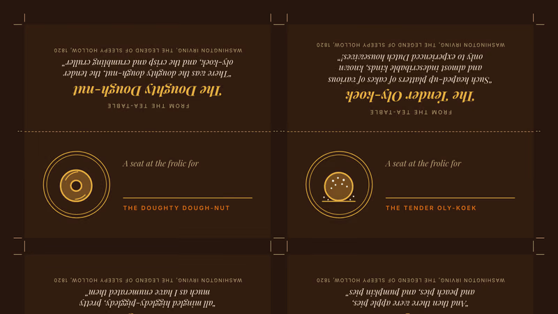 Letter sheet of six walnut brown tent place cards with crop marks at the corners, each with a gold ringed platter holding a dough-nut, oly-koek, cruller, pumpkin pie, honey cake or tea-pot, a blank name line, and an upside down panel above the fold quoting Washington Irving