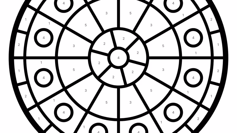 Black line template of a round rose window divided into wedges, roundels and a ring of border pieces, each piece numbered for color