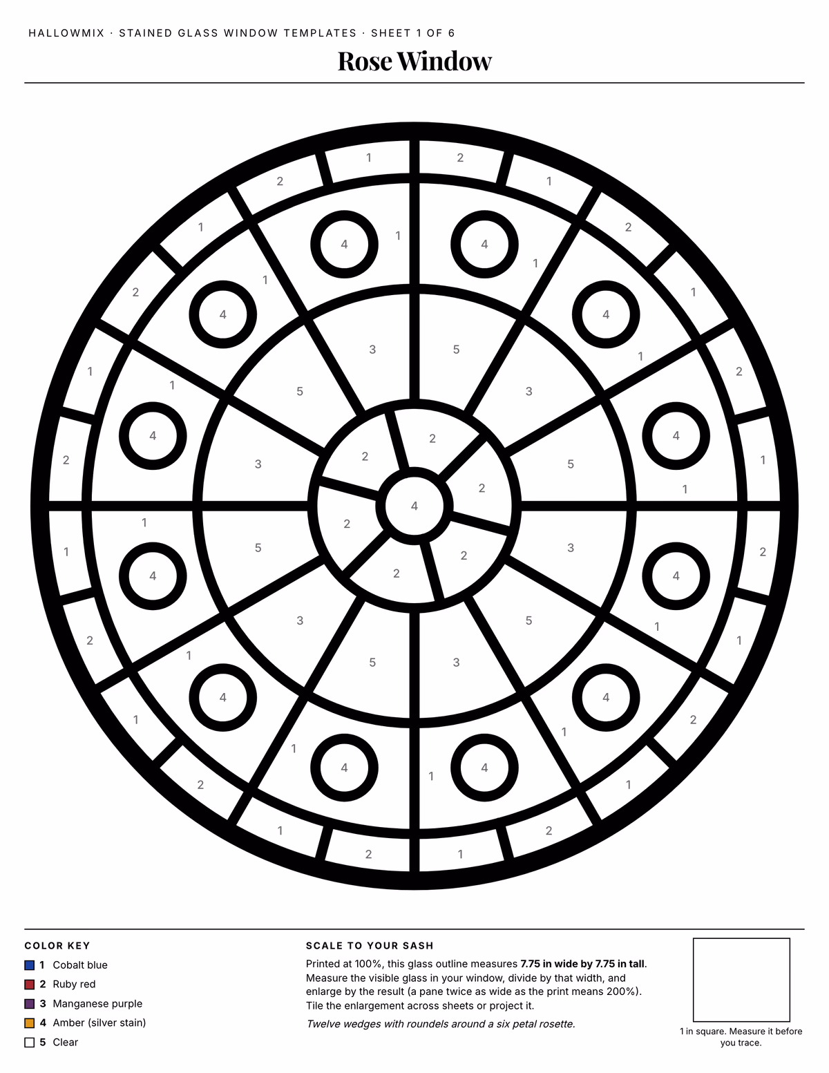 Black line template of a round rose window divided into wedges, roundels and a ring of border pieces, each piece numbered for color