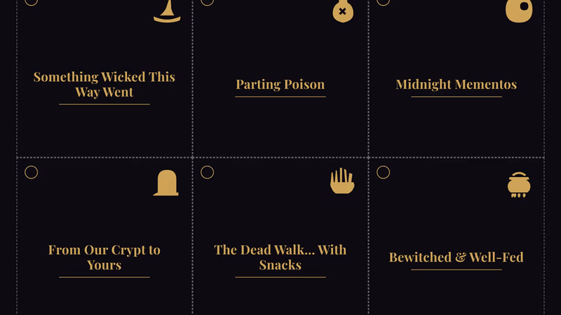 Sheet of 12 gothic Halloween gift tags with ornate borders and varied designs