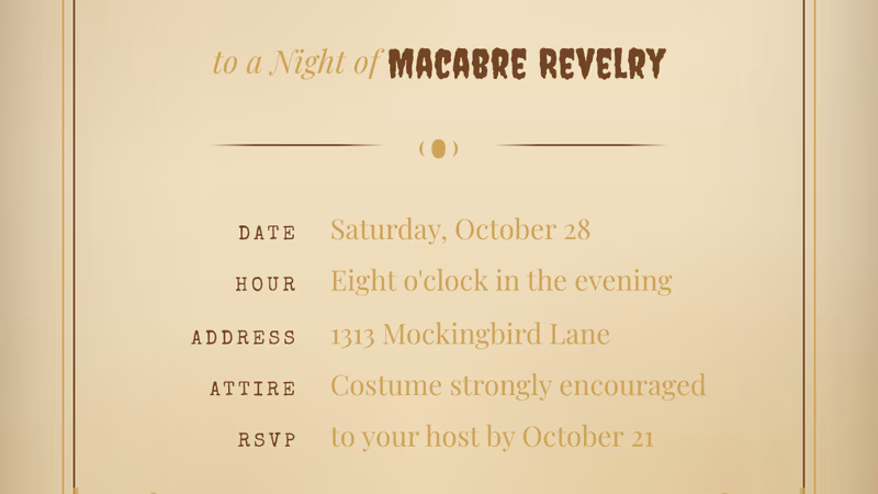 Victorian-style Halloween party invitation on aged parchment with ornate gold border