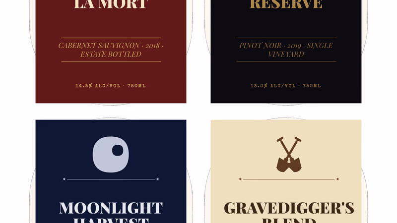 Four gothic wine bottle labels with Dark Manor branding and vintage illustrations