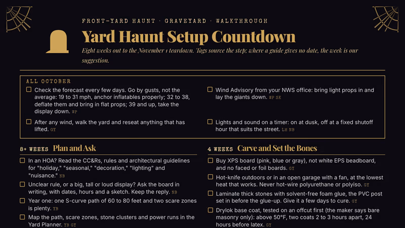Two-page yard haunt countdown in gold on black with a tombstone header, an All October forecast strip and checkbox lists for eight, six, four and two weeks out