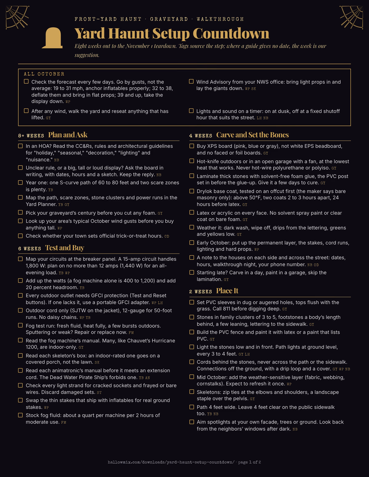 Two-page yard haunt countdown in gold on black with a tombstone header, an All October forecast strip and checkbox lists for eight, six, four and two weeks out