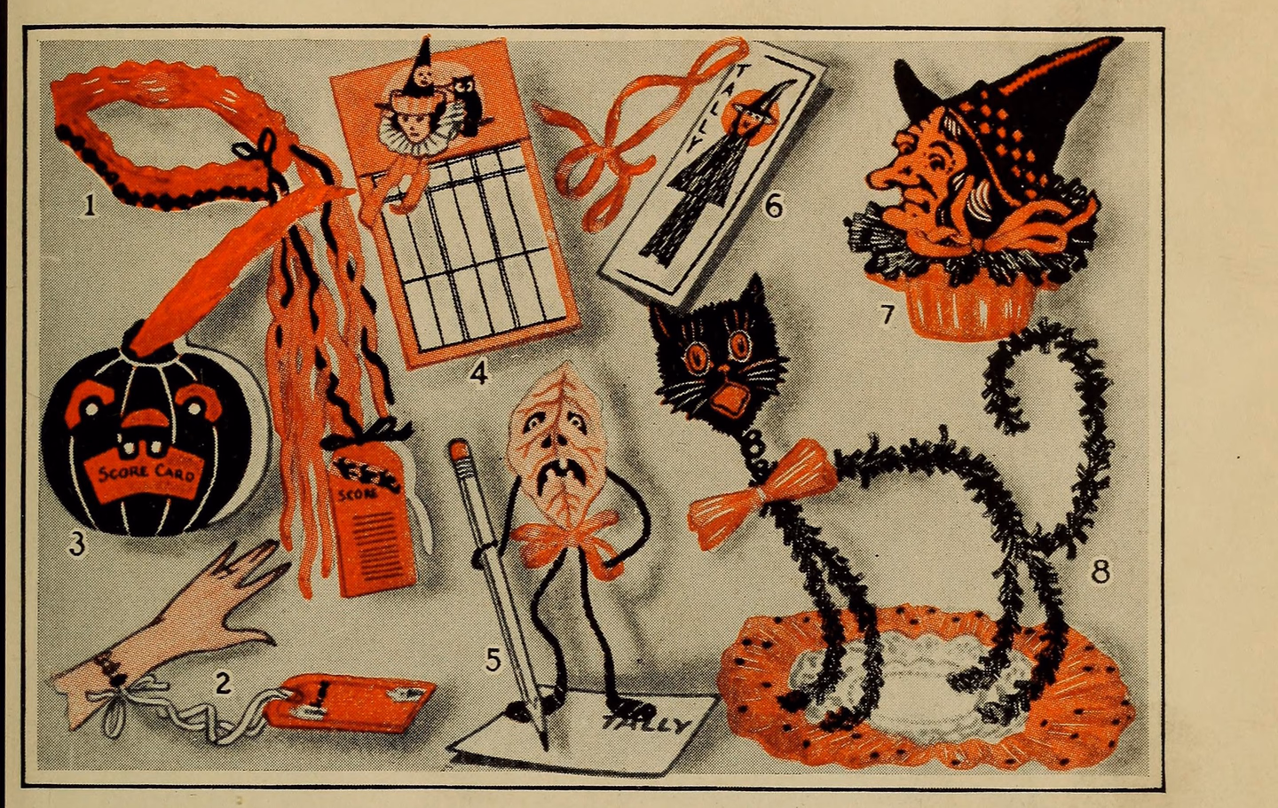 Illustrated page of numbered Halloween party crafts: a red tag score card hung on an orange and black crepe necklace, a round jack-o'-lantern score card with a crepe paper feather, a bracelet score card, a bridge score card, a witch tally card, a crepe-paper witch head on a serving cup, and a black cat with legs of wire wrapped in black crepe standing on a scalloped orange tray