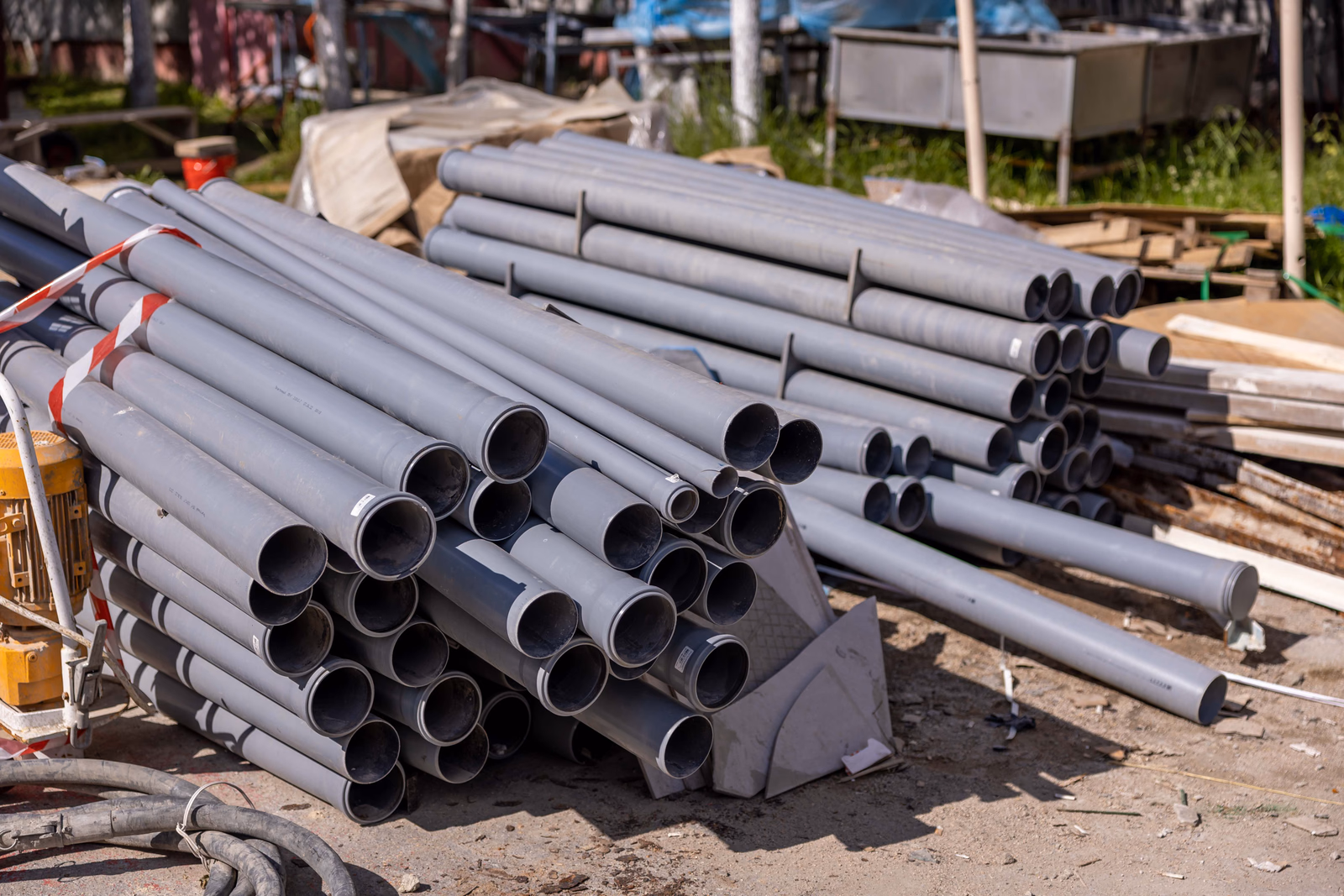 Lengths of gray plastic pipe stacked in piles on the ground at an outdoor construction site