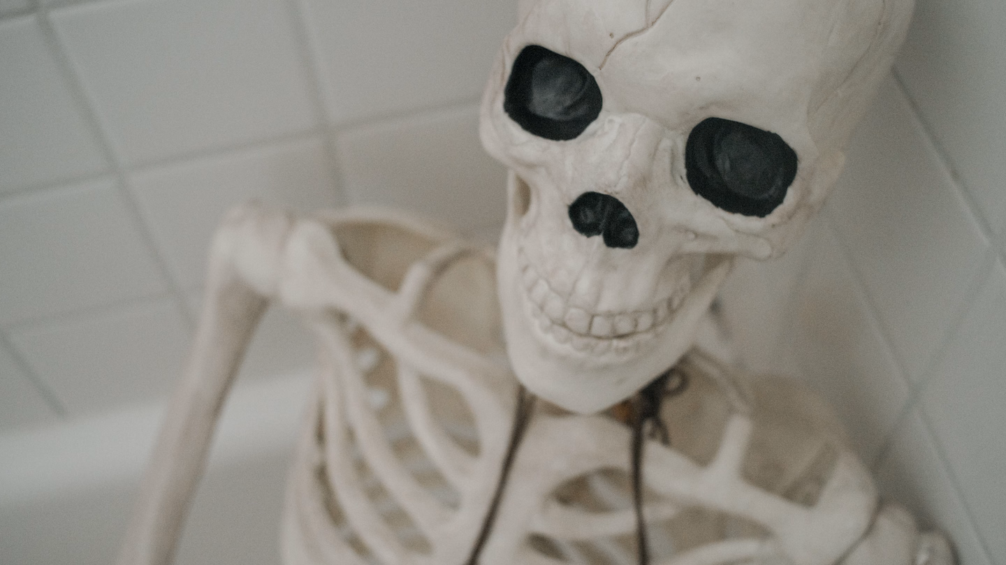 Close-up of a white plastic skeleton's skull and upper ribs against white wall tile, with dark painted eye sockets