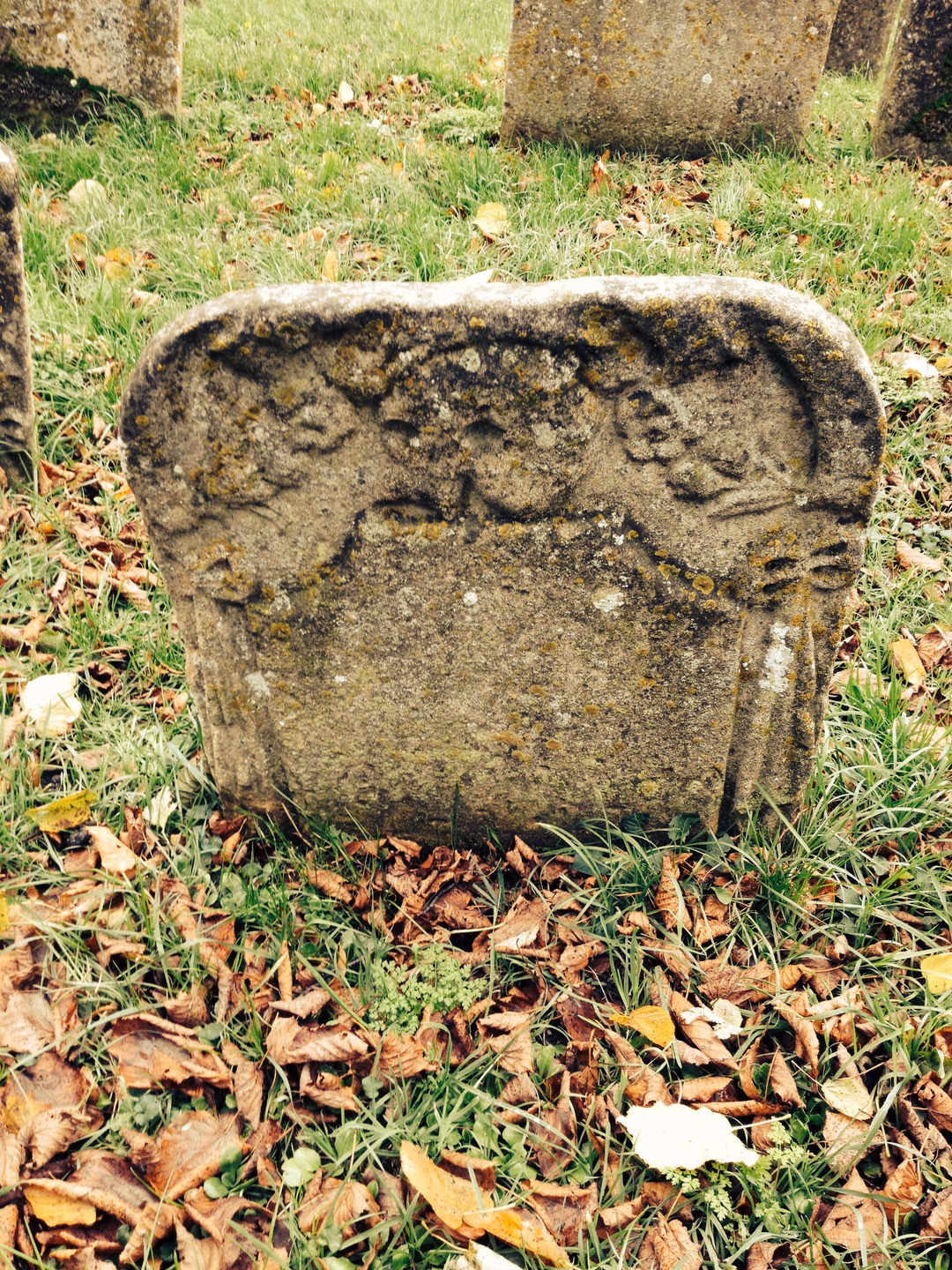 A short, thick, round-topped old gravestone in grass and fallen leaves, a worn winged face carved across its top above a blank panel, the carving softened and spotted with lichen