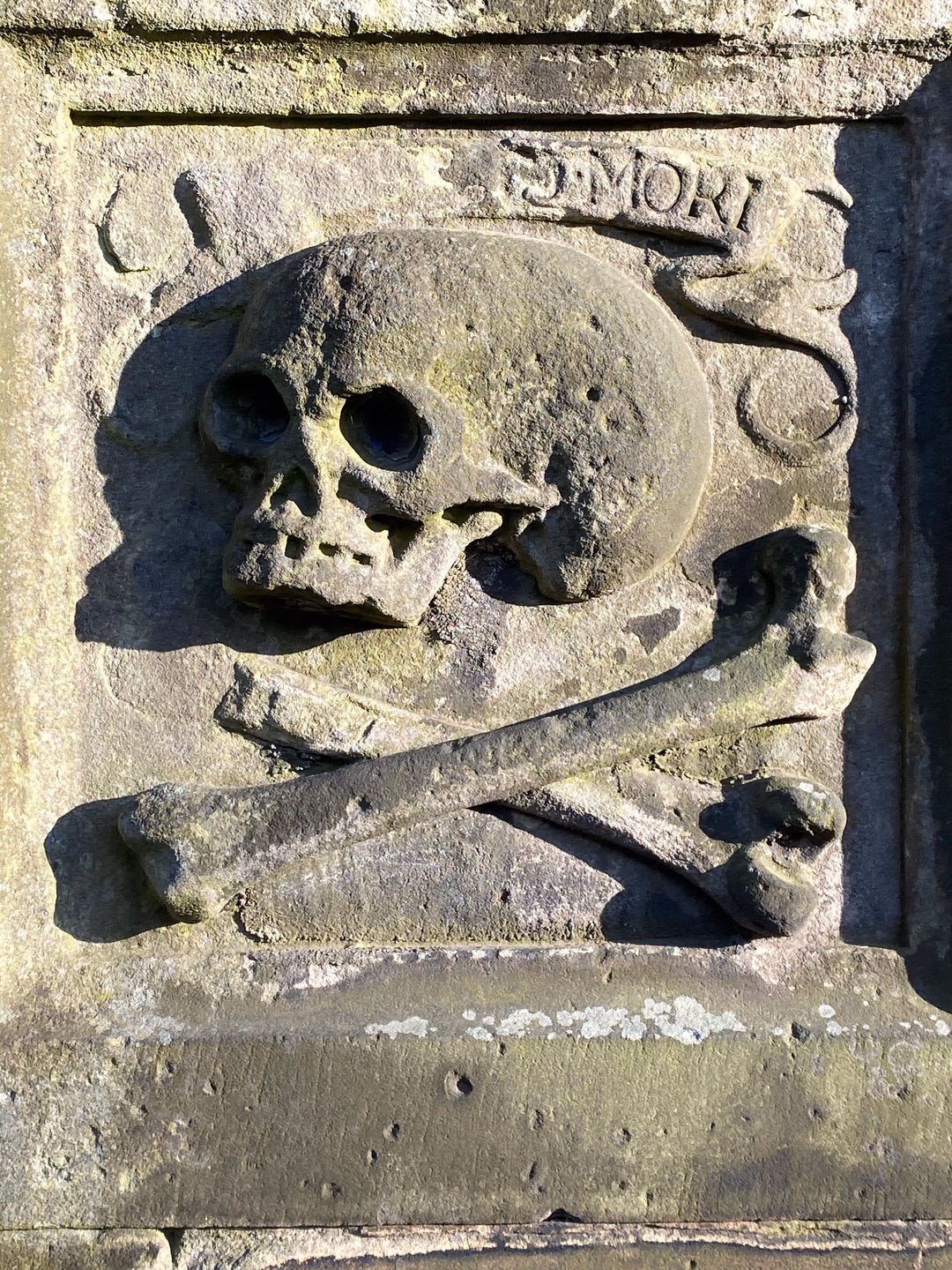 A carved stone panel with a large skull above crossed bones in deep relief, a ribbon lettered MORI in the upper corner, the sunlit edges throwing hard shadows