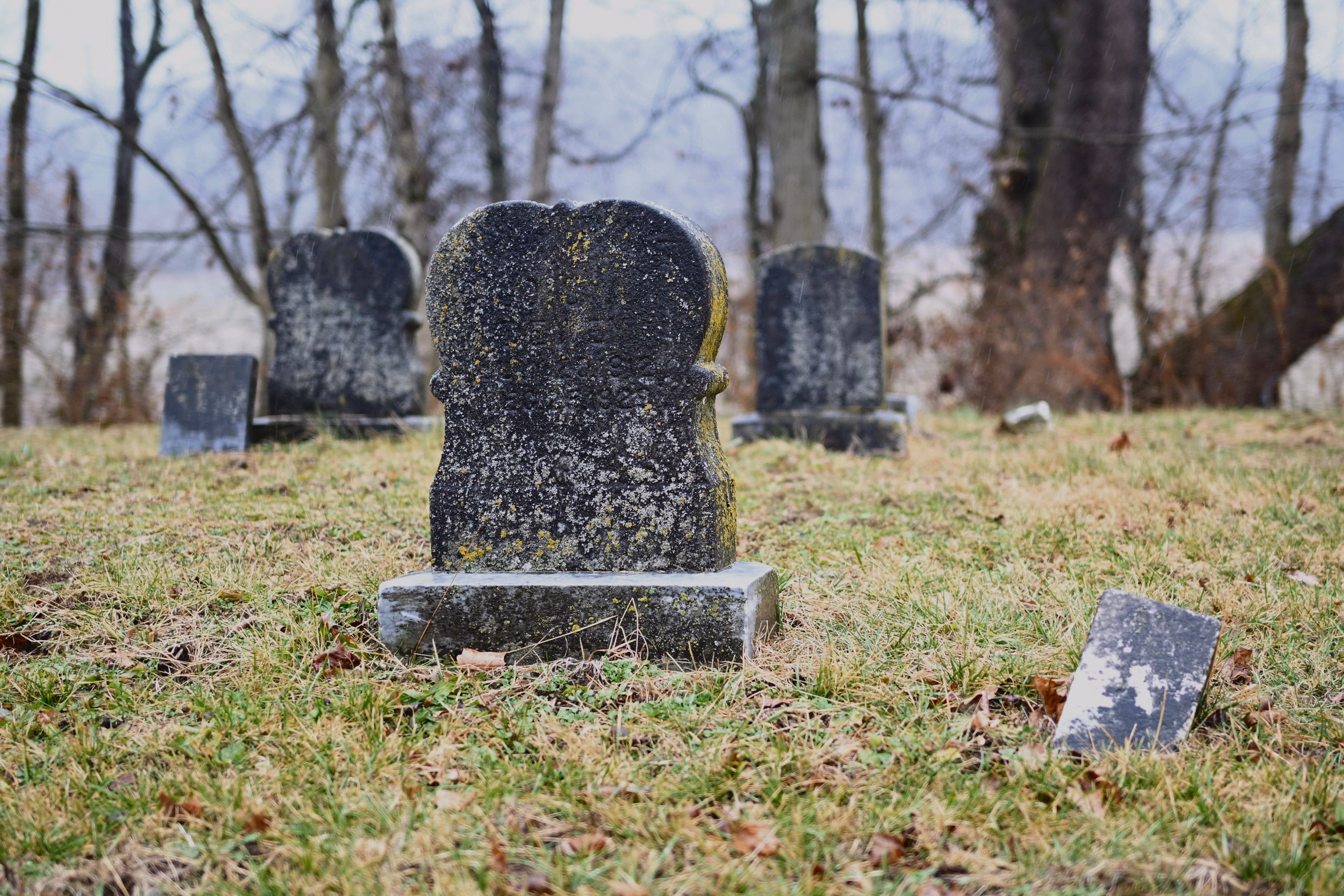 A dark, lichen-spotted headstone with a rounded, lobed top standing on a stone base in patchy winter grass, with a small flat marker tipped over in the grass beside it and more old stones behind